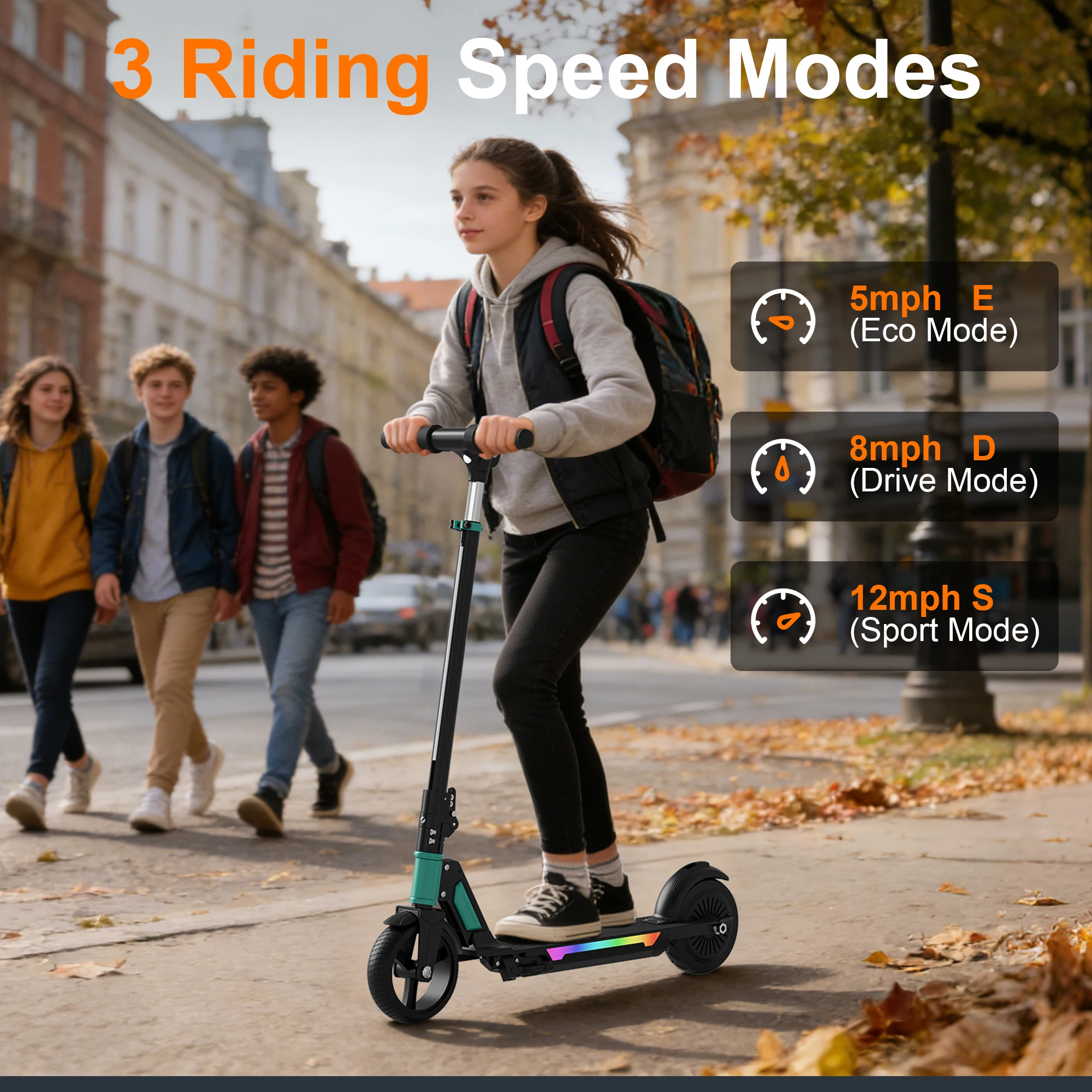 Commugo Foldable Electric Scooter for Kids Ages 8+, Teens , 250W Motor up to 12 MPH, 10 Mile Range, UL2272 Certified, Rainbow LED Lights