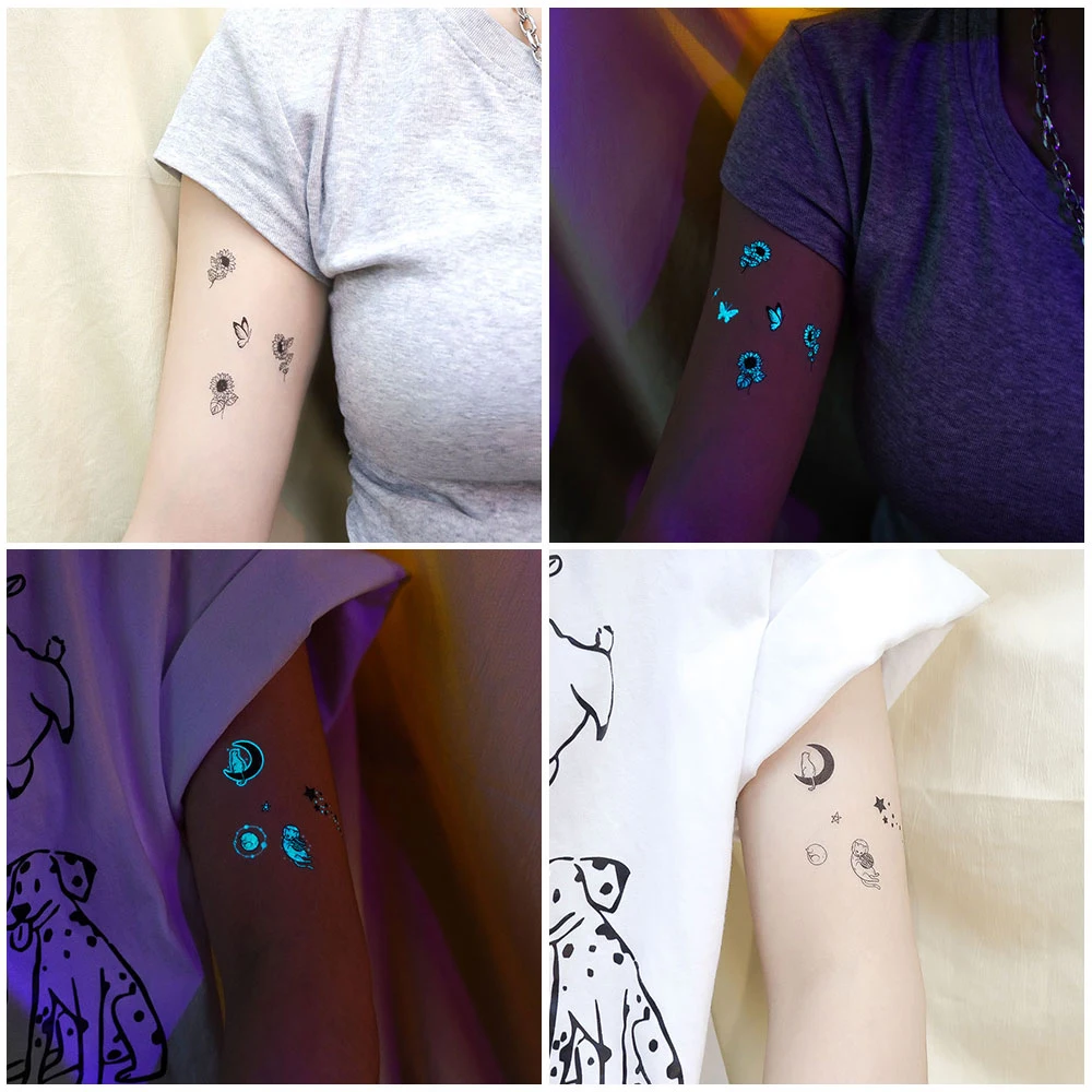 VeeCharm-tatuagens temporárias luminosas para dedos, adesivos pretos com letras, ajustadas para festas e festivais, 1 folha, 10 folhas, 20 folhas