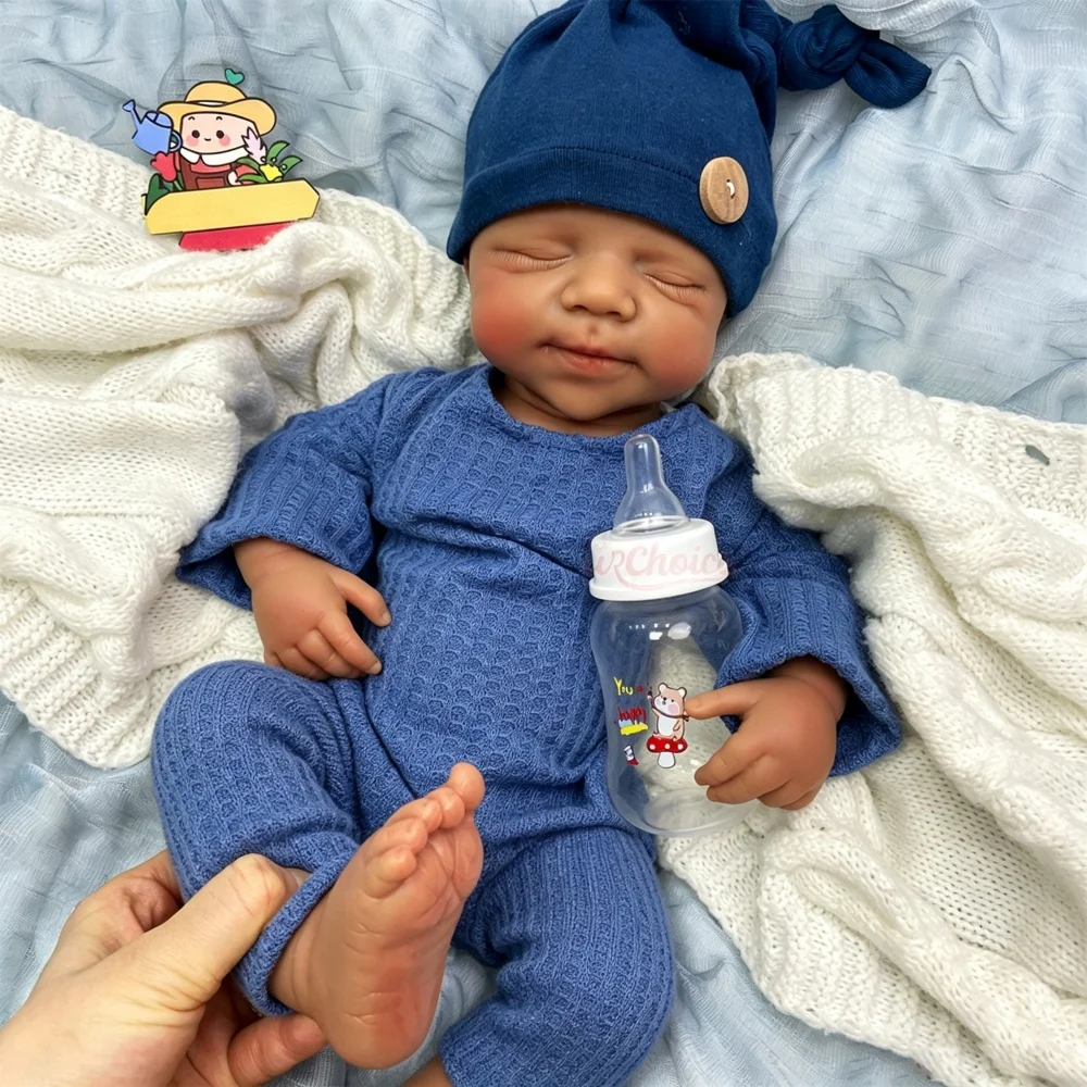 50cm Hand-Painted Silicone Reborn Doll Realistic Dark Skin Texture Can Use Pacifiers Doll for Adult Collectors and Display
