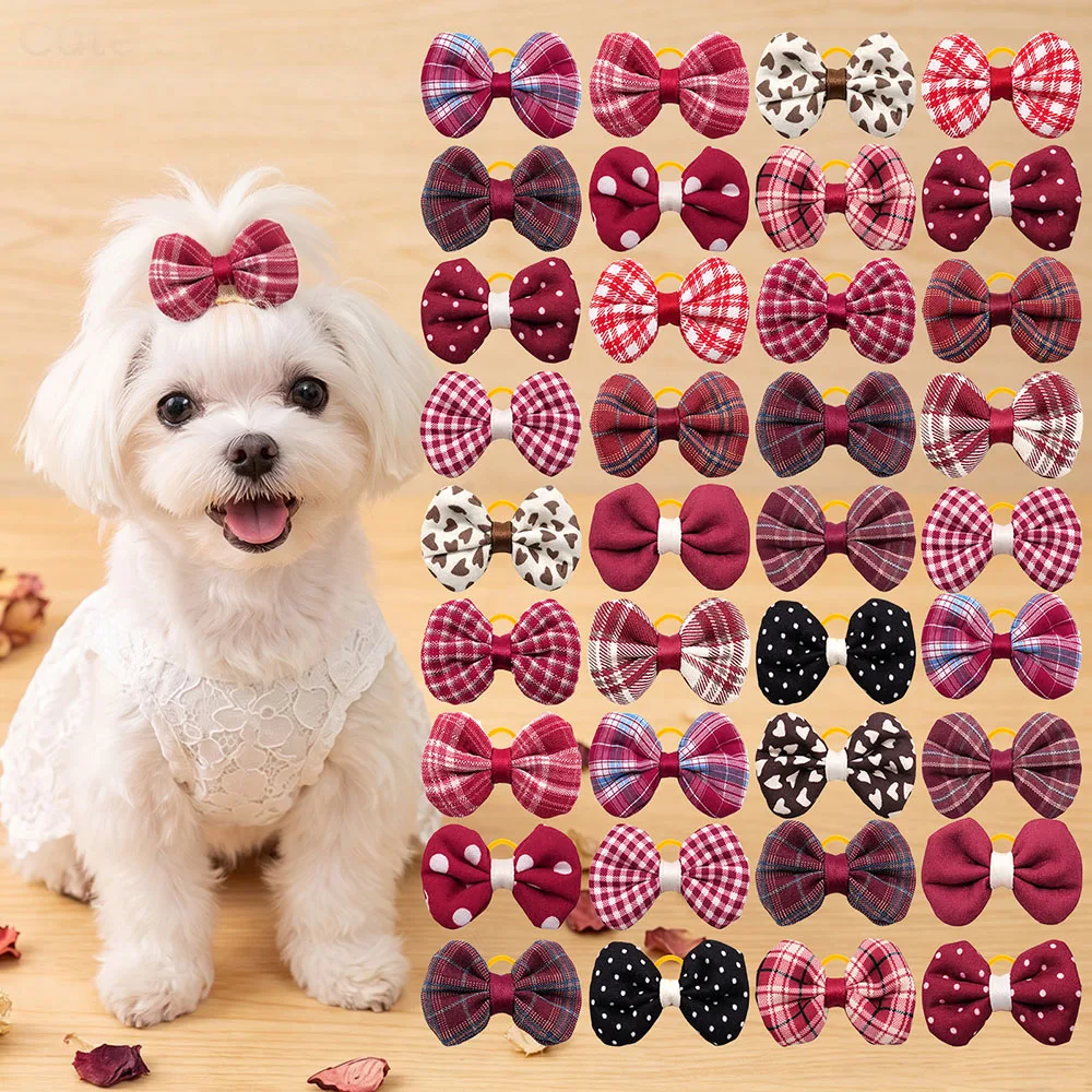 60PCS Plaid Polka‑Dot Pet Hair Bows with rubber bands Dog Bows for Puppy Daily Wear Party Cute Pet Hair Decor Accessories