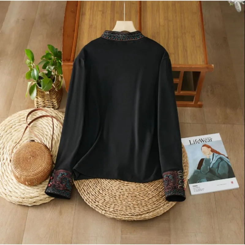 가을 겨울 신상 민족 스타일 여성용 레트로 문학 자수 하이 칼라 긴팔 티셔츠