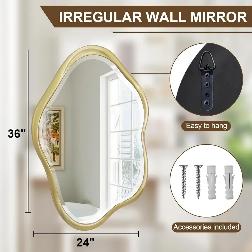 Irregular Wall Mirror, 24"X36" Gold Asymmetrical Bathroom Vanity Mirror Framed Cloud Decorative Mirror for Washroom, Bedroom