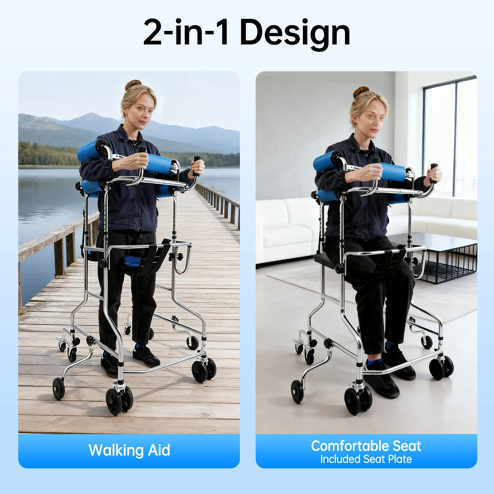 2-in-1 Adjustable Rollator Walker Transport Chair Mobility Aid Walking Aid for Seniors Recovery Cerebral Palsy Standing Support