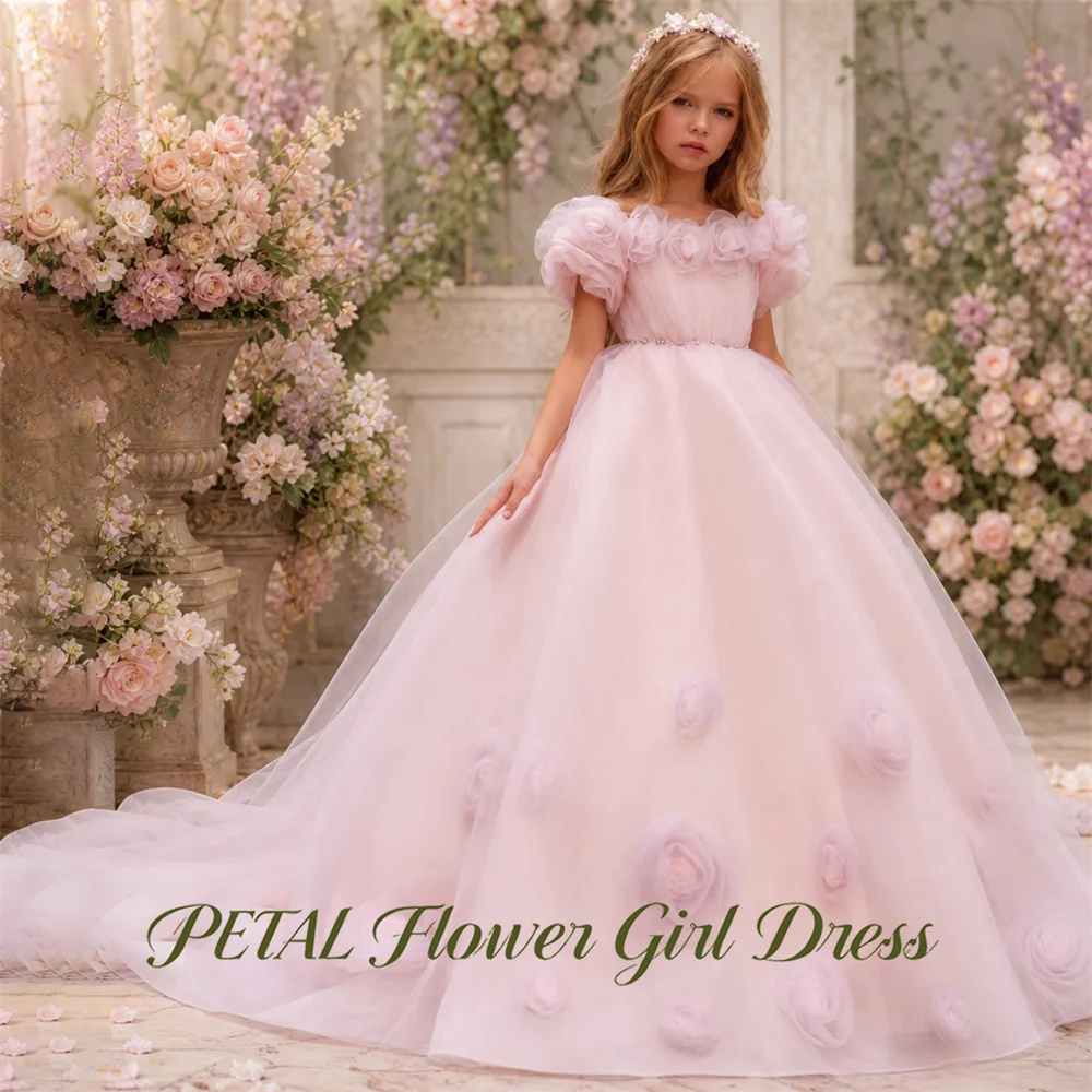 Petal Blush Pink First Communion Gown 3D Rose Girls Princess Dress Off the Shoulder Evening Party Dress for Girls Customized