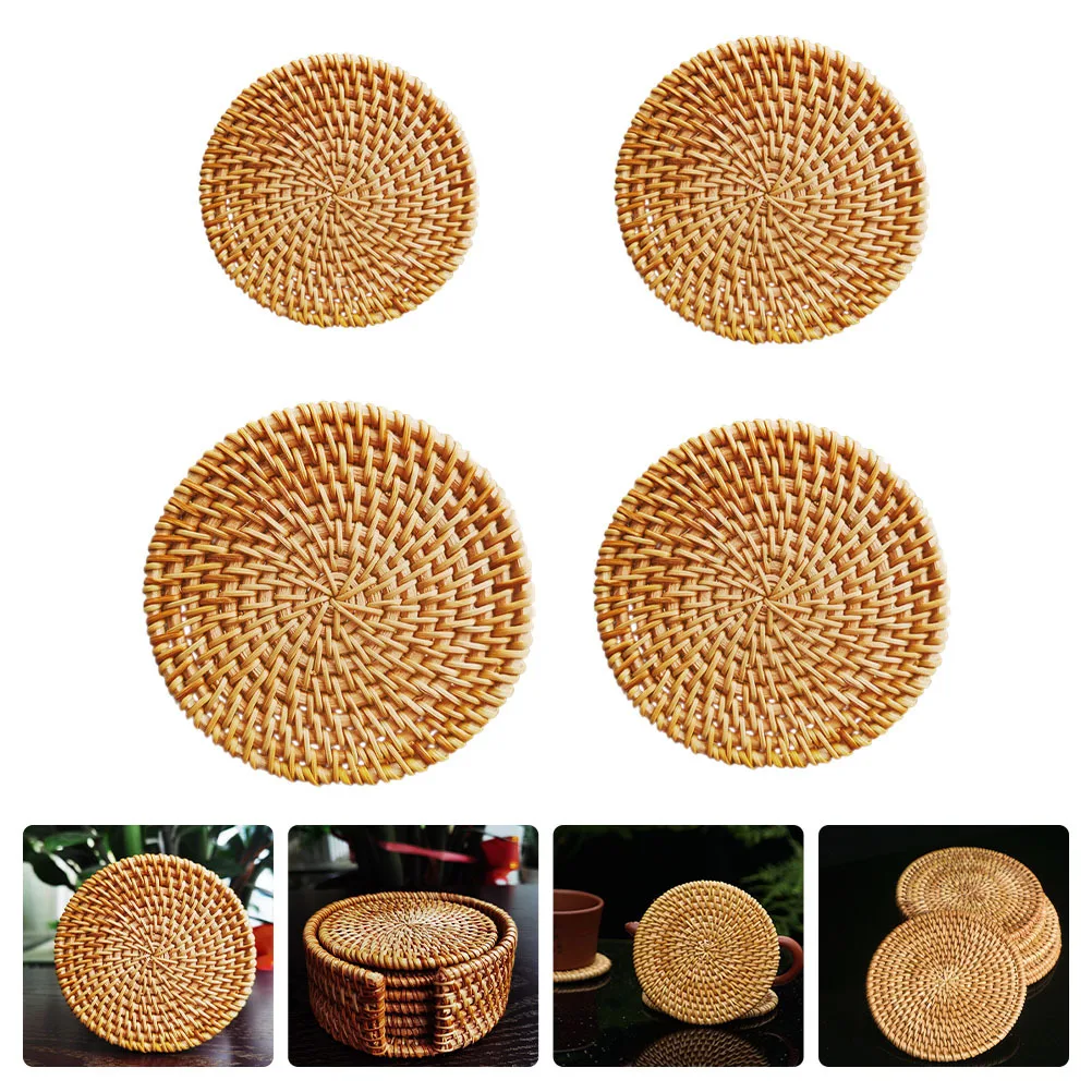 

4pcs Rattan Woven Coaster Heat Insulation Mat For Bowl Cup Pad Table Protection Multi Use Handmade Placemat Desktop Decor