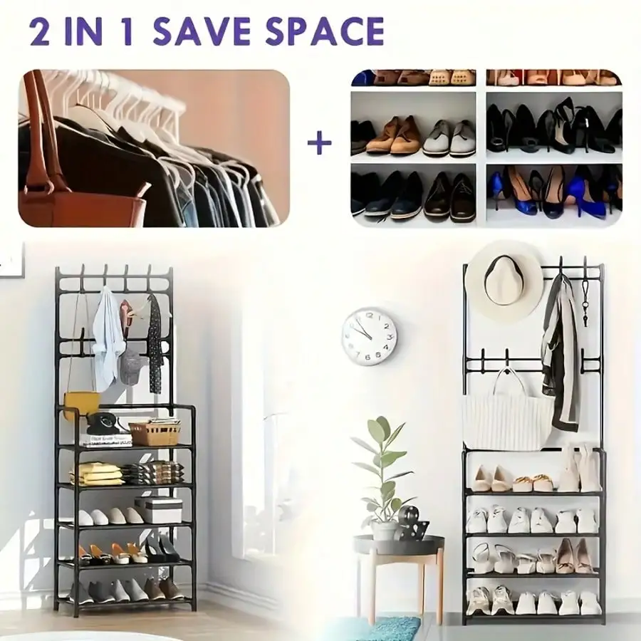 5-Tier All-Metal Shoe & Coat Rack With Integrated Hanging Hooks - Space-Saving Multi-Level Entryway Organizer,Sturdy Durable