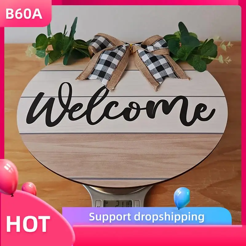 

B60A Welcome Sign Front Door Bright Green Leaf Arch Garland Rustic Round Wooden Wall Decor For Farm Porch Door