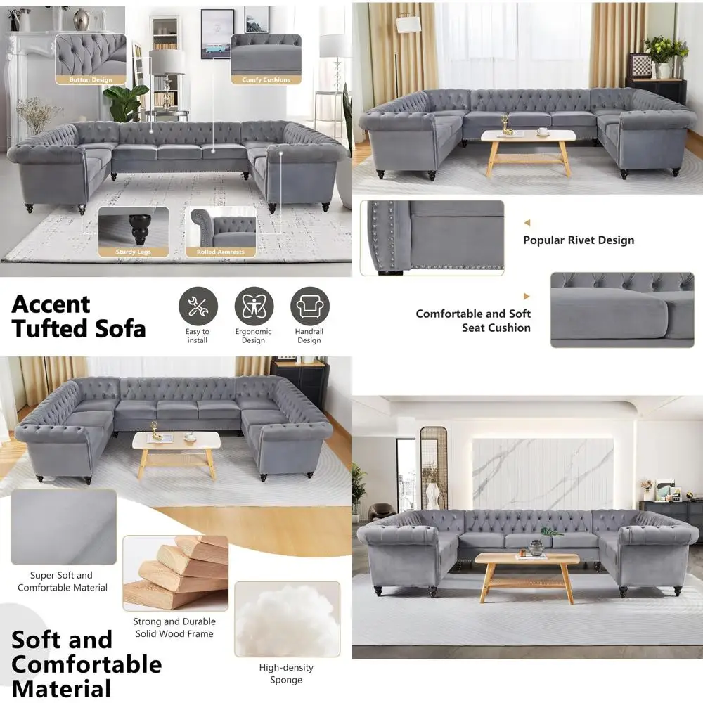 

9-местный U-образный диван-честерфилд из велюра с подлокотниками-валиками и декоративной отделкой гвоздиками для гостиной или офиса (серый)