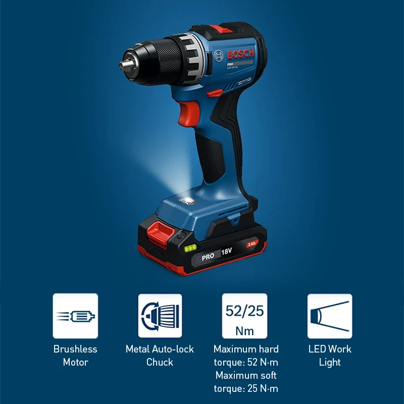 Bosch GSR18V-52 Professional Brushless Drill Driver 18V, 52Nm, 2-Speed, Metal Auto-Lock 3-Jaw Chuck, LED Worklight