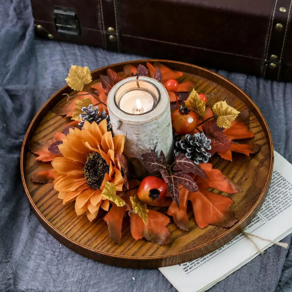 Maple Leaf Wreath Fall Pomegranate Candle Wreath with Maple Leaf Garland Sunflower Pinecone Ring for Thanksgiving for Wedding