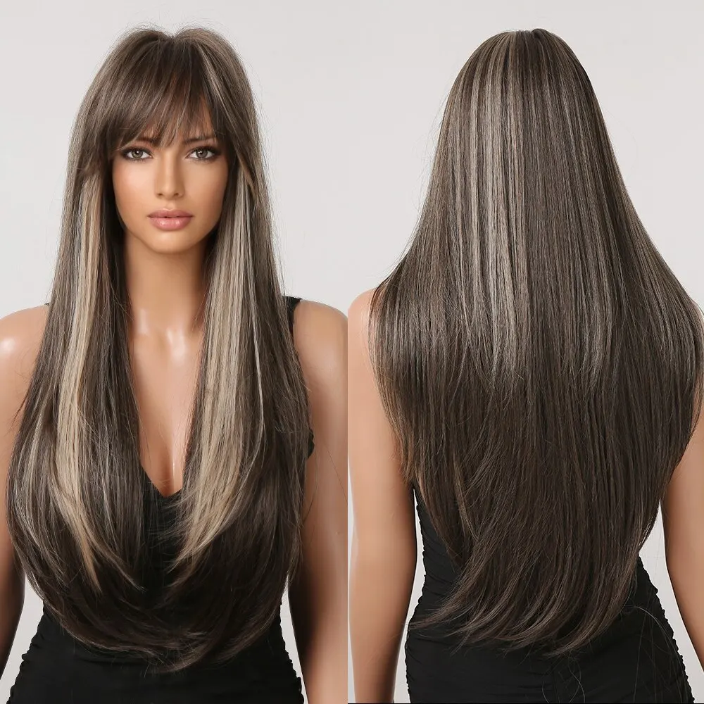 Braune Perücken für weiße Frauen lange ombre gelbe Perücken mit Pony synthetische Mode Perücke Cosplay täglichen Gebrauch hitze beständige Faser