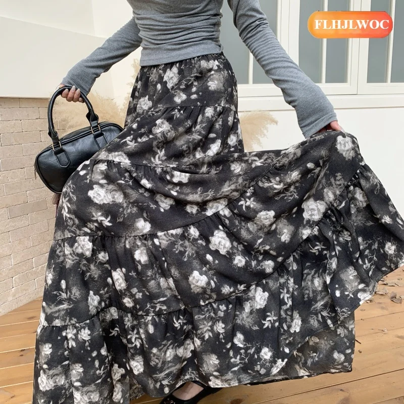 Retro Vintage Black Velvet Skirts Winter Spring New Design Woman Cute Girls High Waist A Line Floral Print Long Maxi Skirt