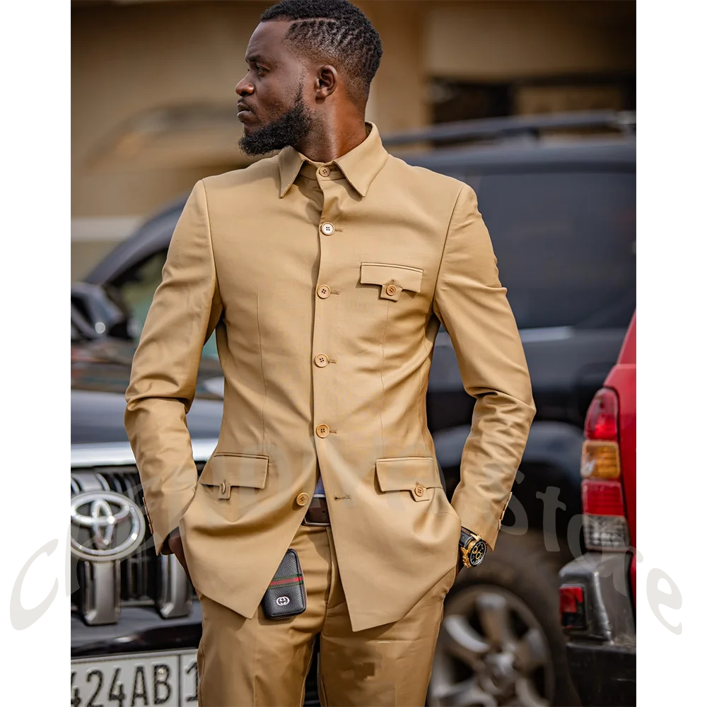 African Fashion Men 2 Piece Suit Multi Pocket Slim Stand Collar Blazer Pants Solid Formal Occasion Wedding Business Male Costume