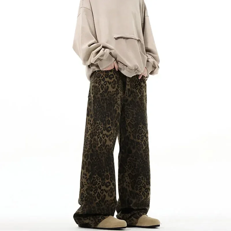 

Jeans Men Long Pants Denim Pant Leopard Print Loose Casual Regular High Waist Straight Trousers Button Zipper Autumn 2024
