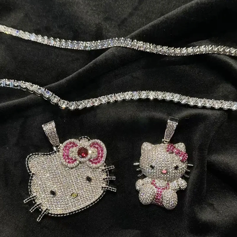 Hello Kitty Women's Necklace Pendant Full Diamond Girl Cute Cat Cartoon Necklace Gold Plated Men's and Women Diamond Pendant