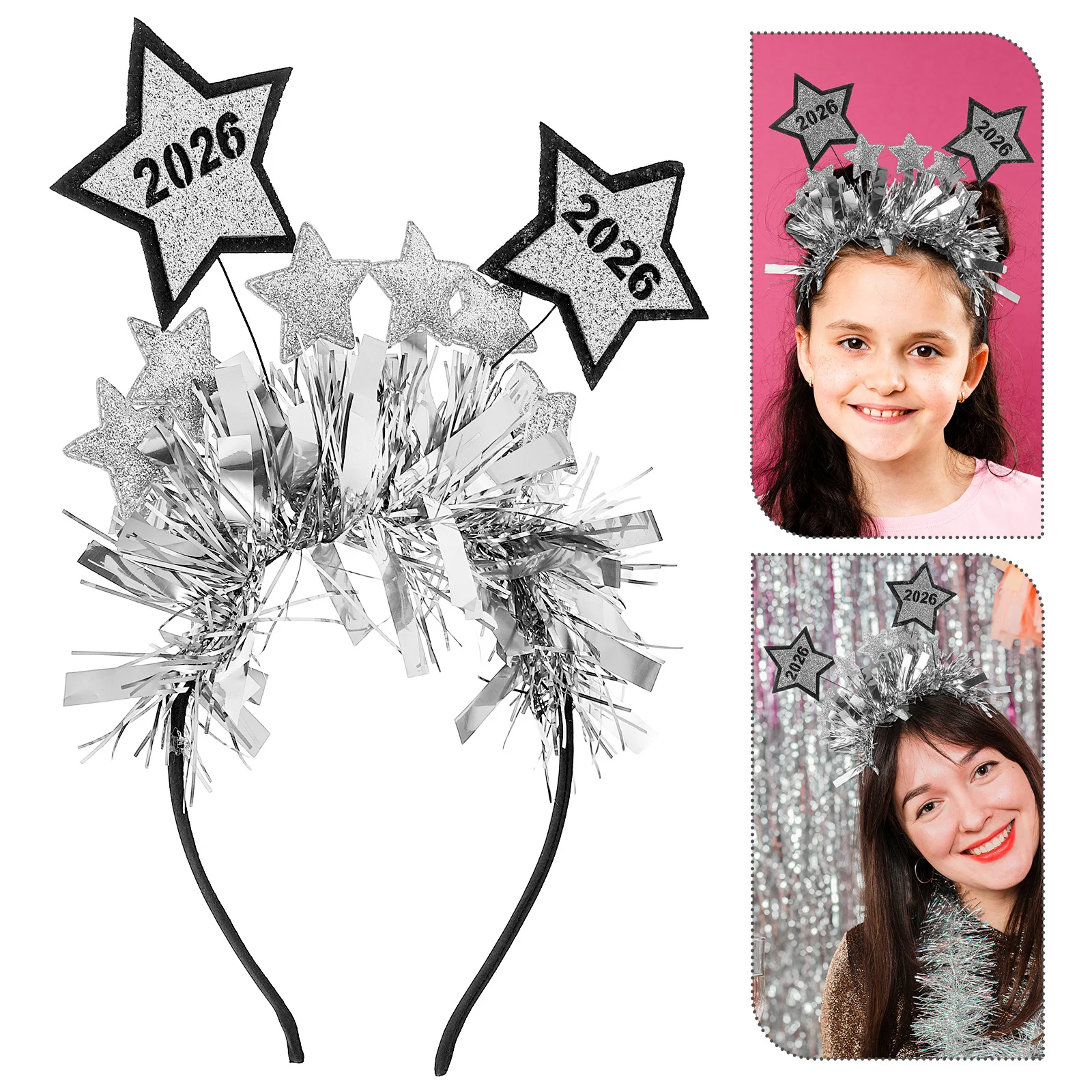 

2026 Повязка на голову с Новым годом, блестящая мишура, обруч для волос со звездами, товары для вечеринок, праздничные сувениры, новогодние повязки для волос, блестящие повязки на голову
