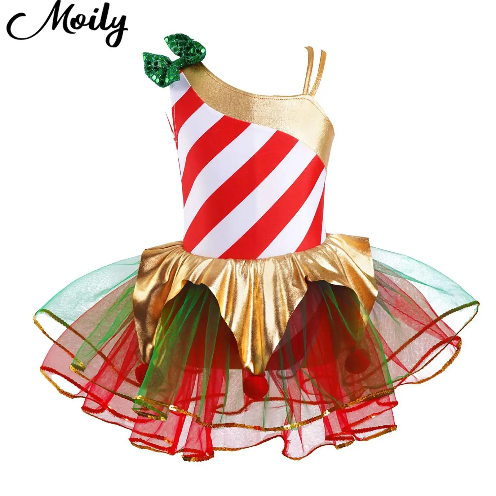 Kids Little Girls Elf Christmas Dress Ballet Leotard Tutu Dress Sequin Stripes Dancewear Carnival Festival Santa Cosplay Costume