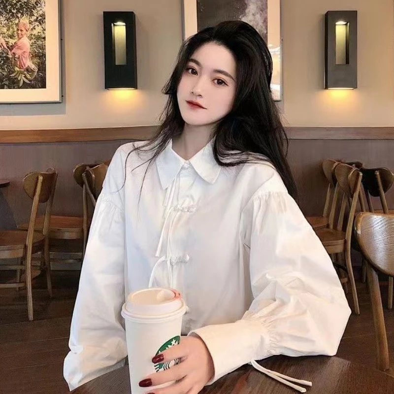 Korean Style White Shirts for Women Loose Vintage Button High Street Fashion Graceful Lantern Sleeve Tops BF Lovely Youth Chic