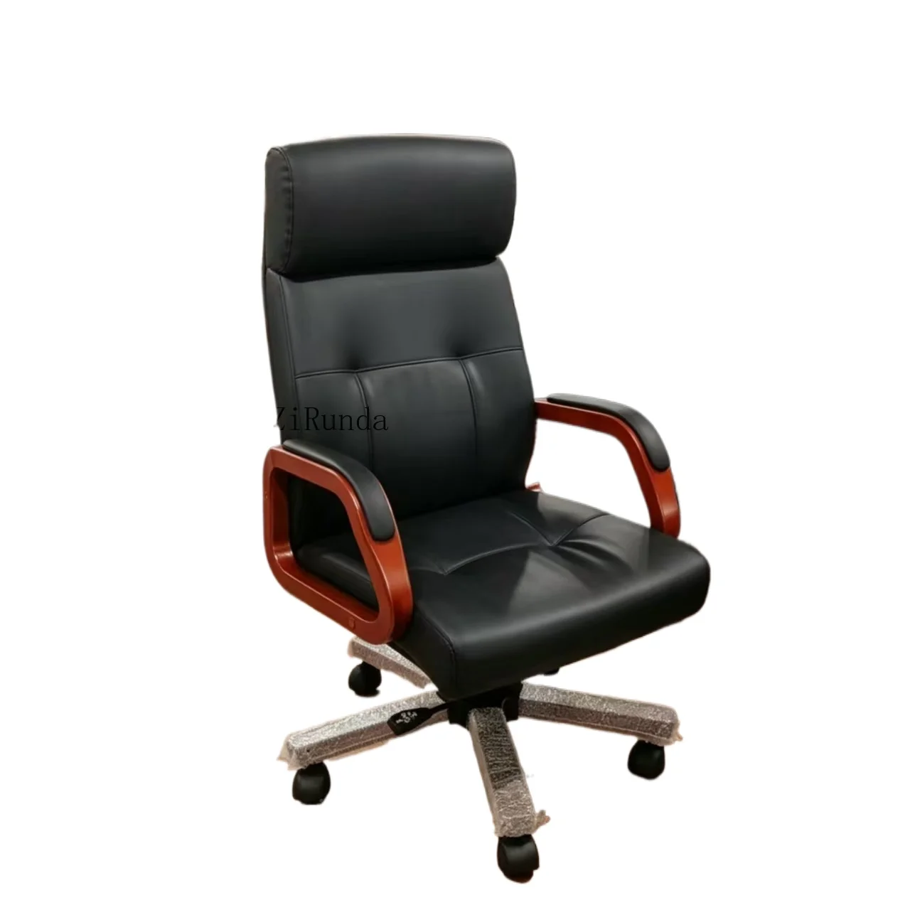 High-quality high-back PU black leather executive office chair, solid wood armrest rotating boss manager chair