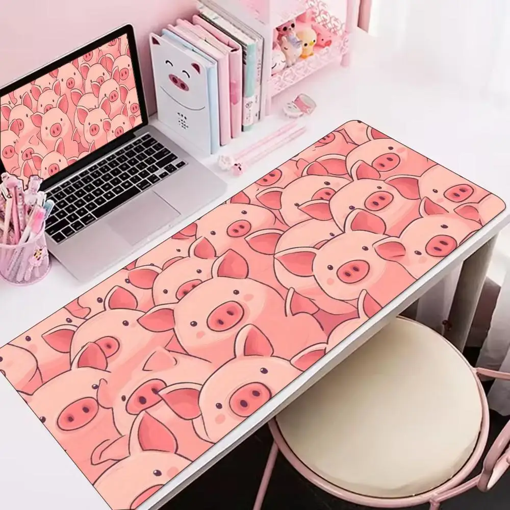 Desk Mat Cute Cartoon Bunny Pig Print Stitched Edge Anti‑Slip Rubber Mouse Pad for Gaming Working Home Laptop Computer