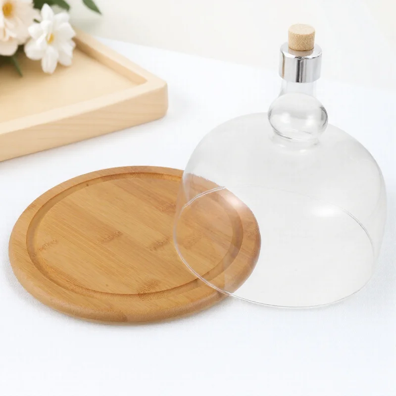 

1Pcs Stable Food Plate Bamboo Tray with Clear Glass Cover Cake Display Stand for Kitchen Dining Room Convenient Serving Storage