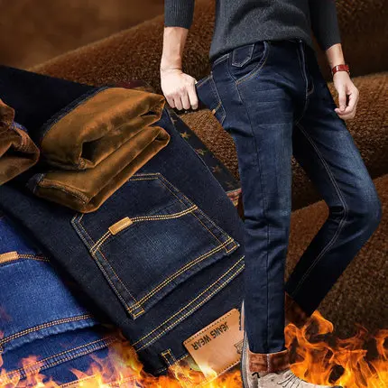 

Thickened Fleece Men's Loose Straight Leg Jeans Winter Warm Elastic Long Trousers Large Size Autumn Winter Style Casual Fashion