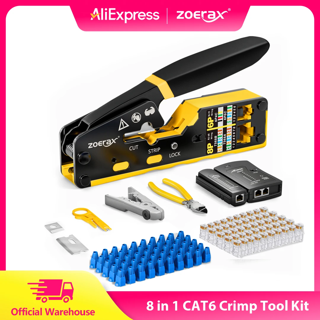 

ZOERAX 8 in 1 RJ45 Crimp Tool Kit,Crimper tool,Cable Tester,Wire Cutter,Blades,50Pcs Cat 6 Connectors and Strain Relief Boots