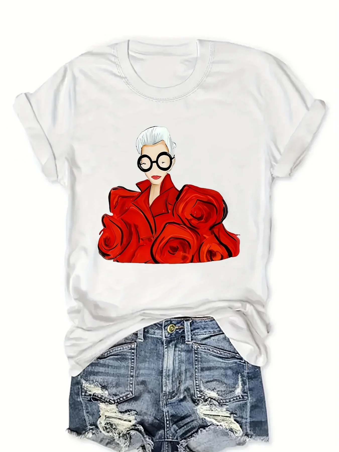 Women'S Floral Graphic T-Shirt, Casual Crew Neck Short Sleeve Top, Polyester Knit Fabric, Regular Length, All Seasons