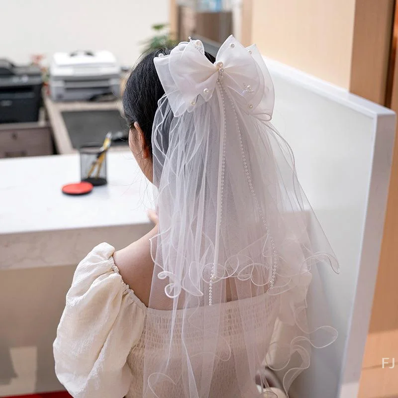 [YU] 우아한 더블 보우 신부 베일 DIY 결혼식을위한 결혼식 베일을위한 절묘한 레이스 헤드 피스 웨딩 헤드 피스