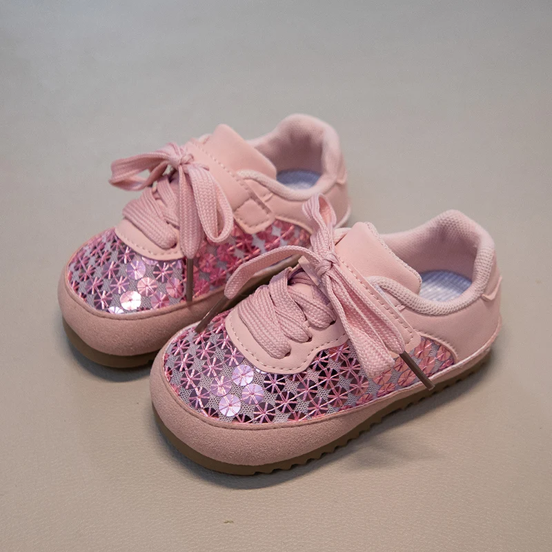Toddler Girls Sparkly Sequins Casual Sneakers 2026 New Spring Kid Walking Shoes Soft Sole Comfort Versatile Chic School Trainers