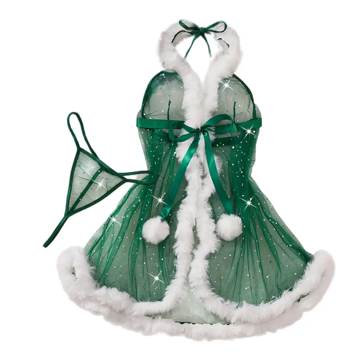 Women Christmas Sexy Lingerie Green Sheer Mesh Babydoll Fur Trim Santa Costume Sleepwear Xmas Nightdress With G-string