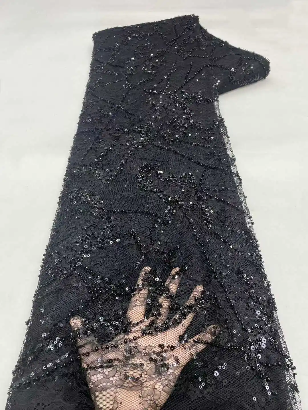 Green 5 Yards African Beads Groom Tulle Lace Fabric High Quality Sequins Embroidery French Tulle Laces for Party Sewing 2041