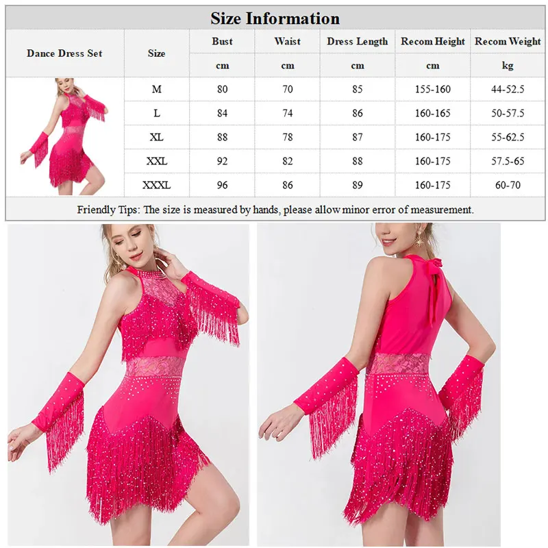 Women Lace Rhinestone Latin Dress Fringe Skirt Ballroom Salsa Samba Rumba Cha Cha Dancewear Party Stage Clothes Suit and Armband