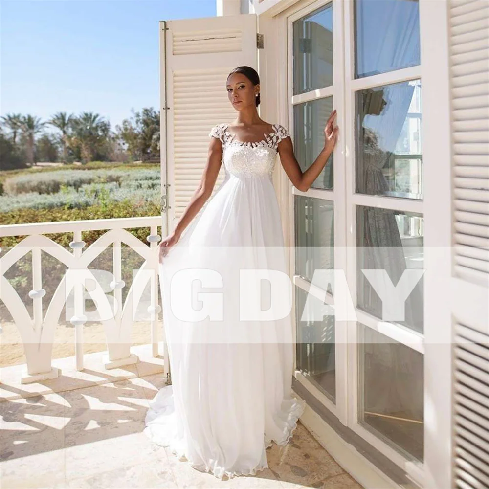 Elegante abito da sposa a-line donna pizzo impero Cap Sleeve Illusion Back o-collo Tulle abiti da sposa Sweep Train Vestidos De Noiva