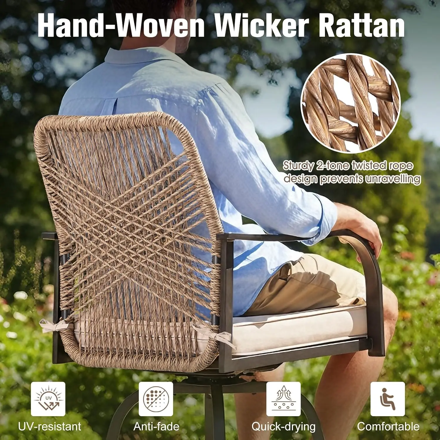 Swivel Outdoor Bar Stools Set of 2 Wicker Patio Chair 28" Beige, Customized image 5
