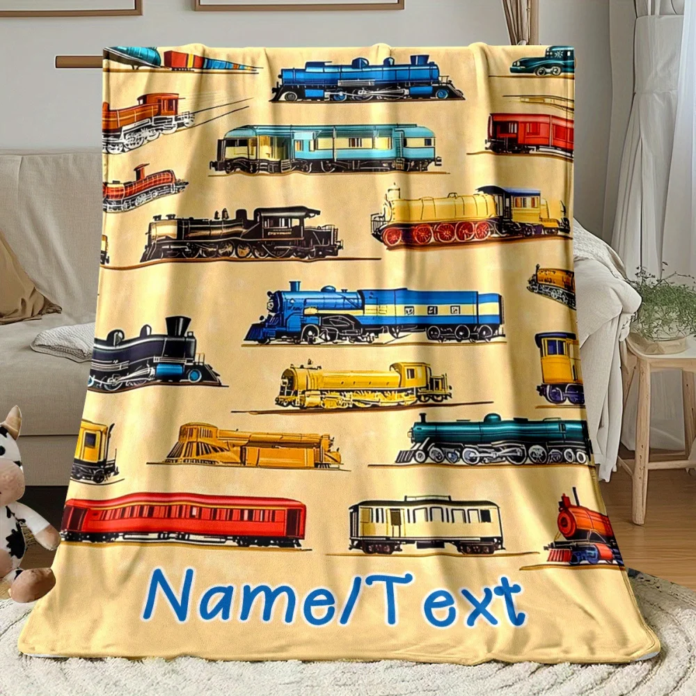 Customized name train flannel blanket, suitable for sofa, bed, birthdays, children, friends, gifts