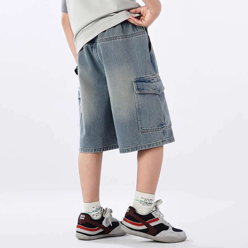 Summer Teen Boys Denim Shorts Fashion Solid Color Big Pocket Thin Jeans Pants For 4-14 Years Kids Children Casual Trousers image 5