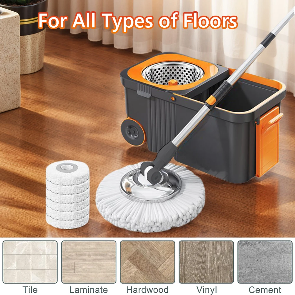 Rotary Mop Set 360 Spinning Floor Cleaning System with 6 Extra Refills Heads Extended Handle Hand-Free Automatic Dehydration Mop
