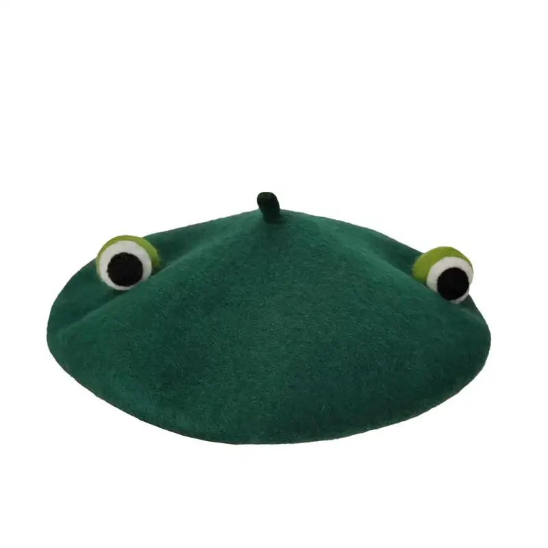 Boinas cálidas de artista francés para padres e hijos, gorro de pintor de lana con ojos de rana verde hechos a mano con bonitos dibujos para padres e hijos