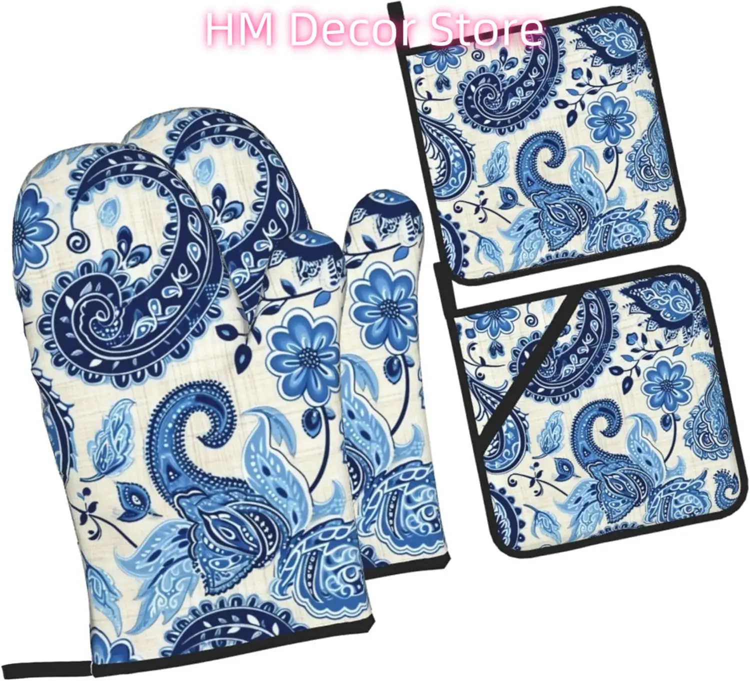 Paisley Cashew Flowers Oven Mitts and Pot Holders Sets of 4, Cute Heat Resistant Oven Mitts - Non-Slip Cooking Gloves for Kitche