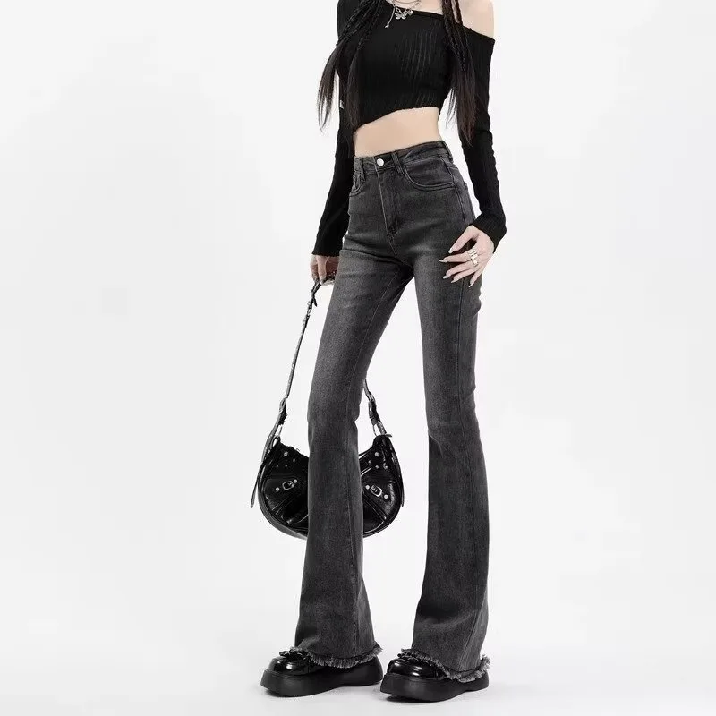 Gray Flared Jeans For Women High Waist Slimming Elastic Frayed Flared Denim Trousers