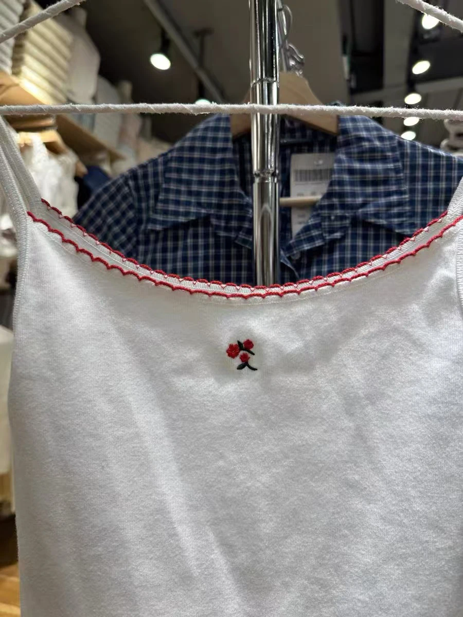 Red Floral Embroidery Slim Crop Top Summer Lace Trim White Sleeveless Camisole Sweet Girls Cotton Tank Tops Women Y2k Clothes