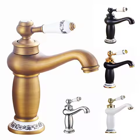 Retro European Bathroom Basin Faucets Gold Mixer Tap Ceramic Decoration Plating Chrome Single Handle Hot And Cold Deck Mounted