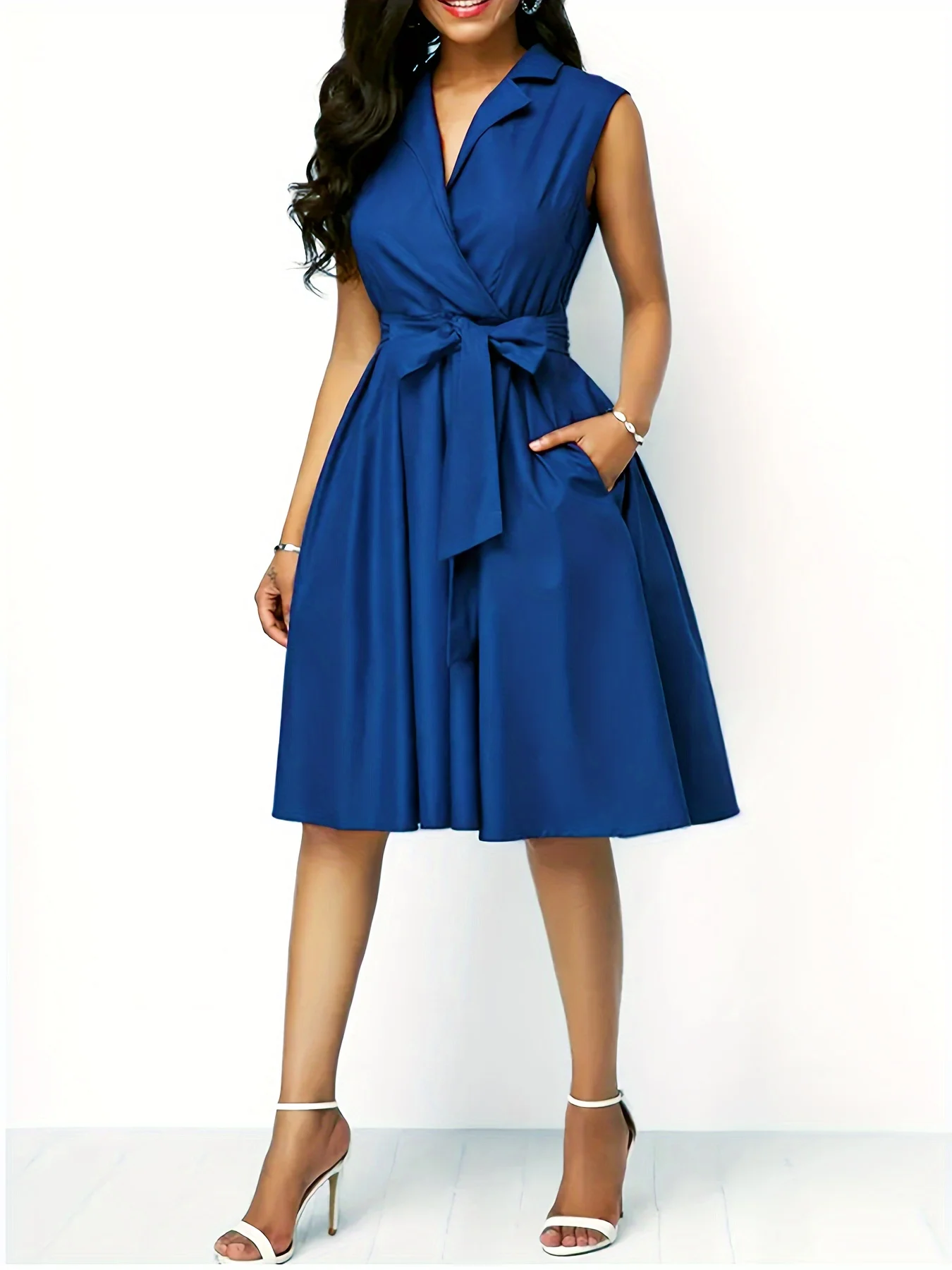 Vibrant Solid Belted Dress - Elegant Sleeveless, Lapel Collar, Dual Pockets, Comfortable, Versatile, Perfect for Spring & Summer