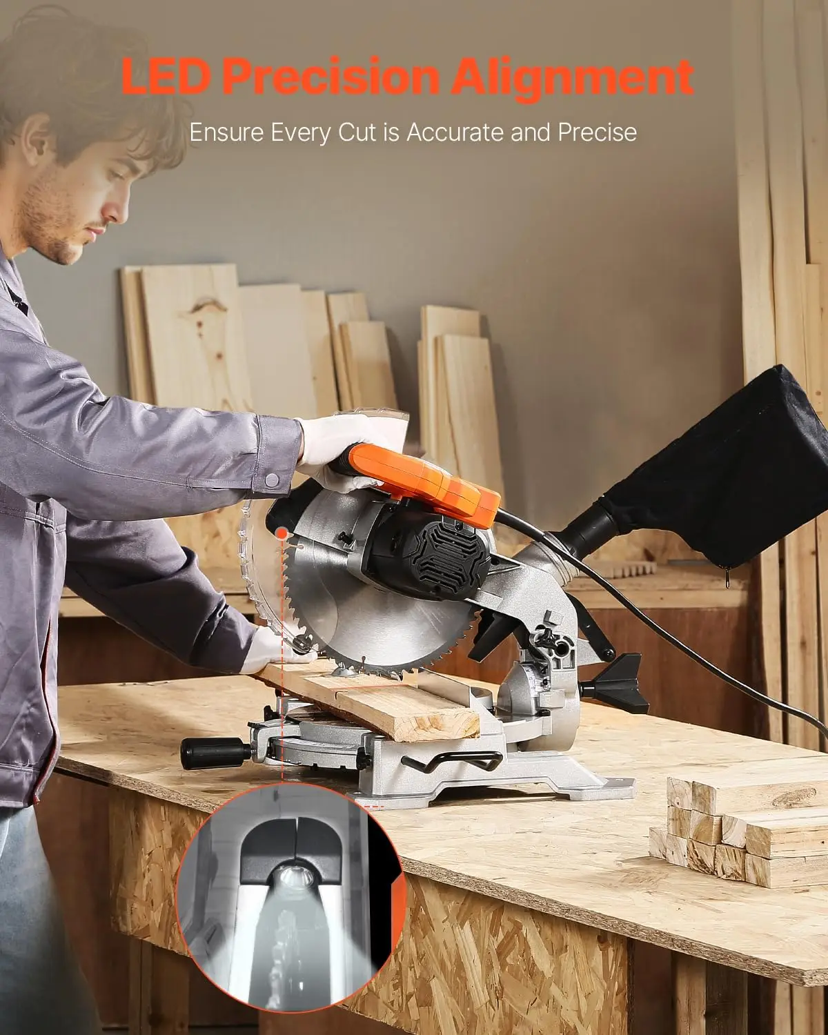 Compound Miter Saw, 10-Inch Blade, 15 Amp Motor, 60-Tooth, Corded Single Bevel 0-45°, LED Precision Alignment, Angle Adjustable,