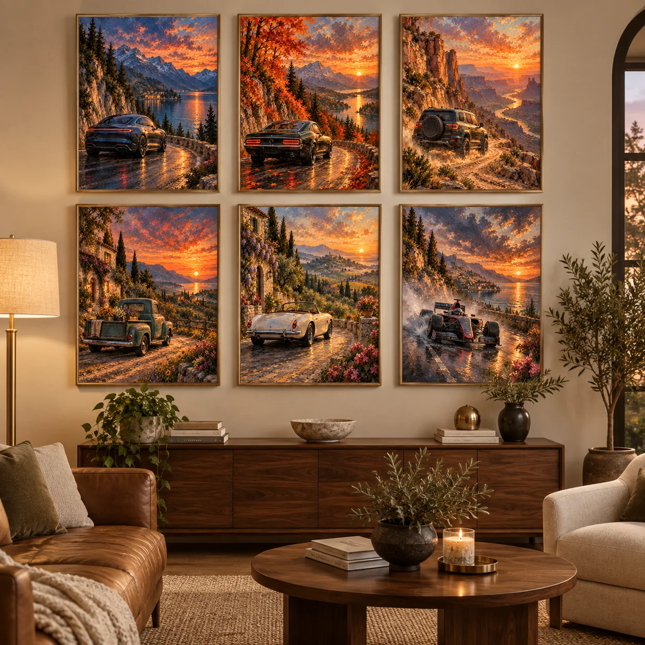 Classic Car Sunset Landscape Canvas Wall Art Retro Automobile Painting Poster Mountain Road Scenery Print Living Room Home Decor