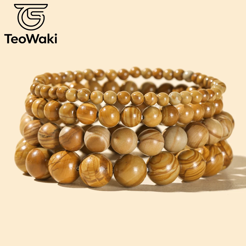 TeoWaki 4/6/8/10mm Natural Yellow wood Jasper Beaded Elastic Bracelet Bring lift low mood, restore energy and vitality Women Men