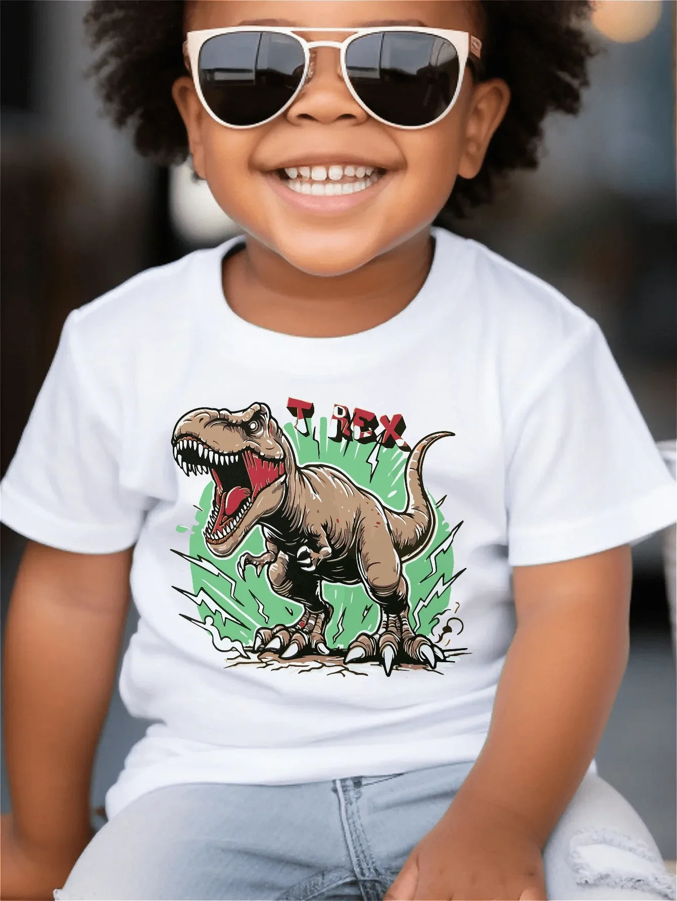 Vintage Roaring T Rex Dinosaur Print T Shirt Boys Girls Dino Lover Short Sleeve Tee Family Matching Kids Casual Cotton Tops