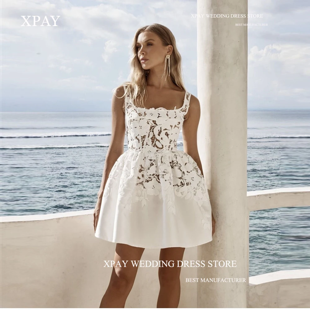 

XPAY Short Lace Wedding Dress for woman Straps Square Neck Mini A Line Beach Bride Party Dresses 2025 vestidos de novia