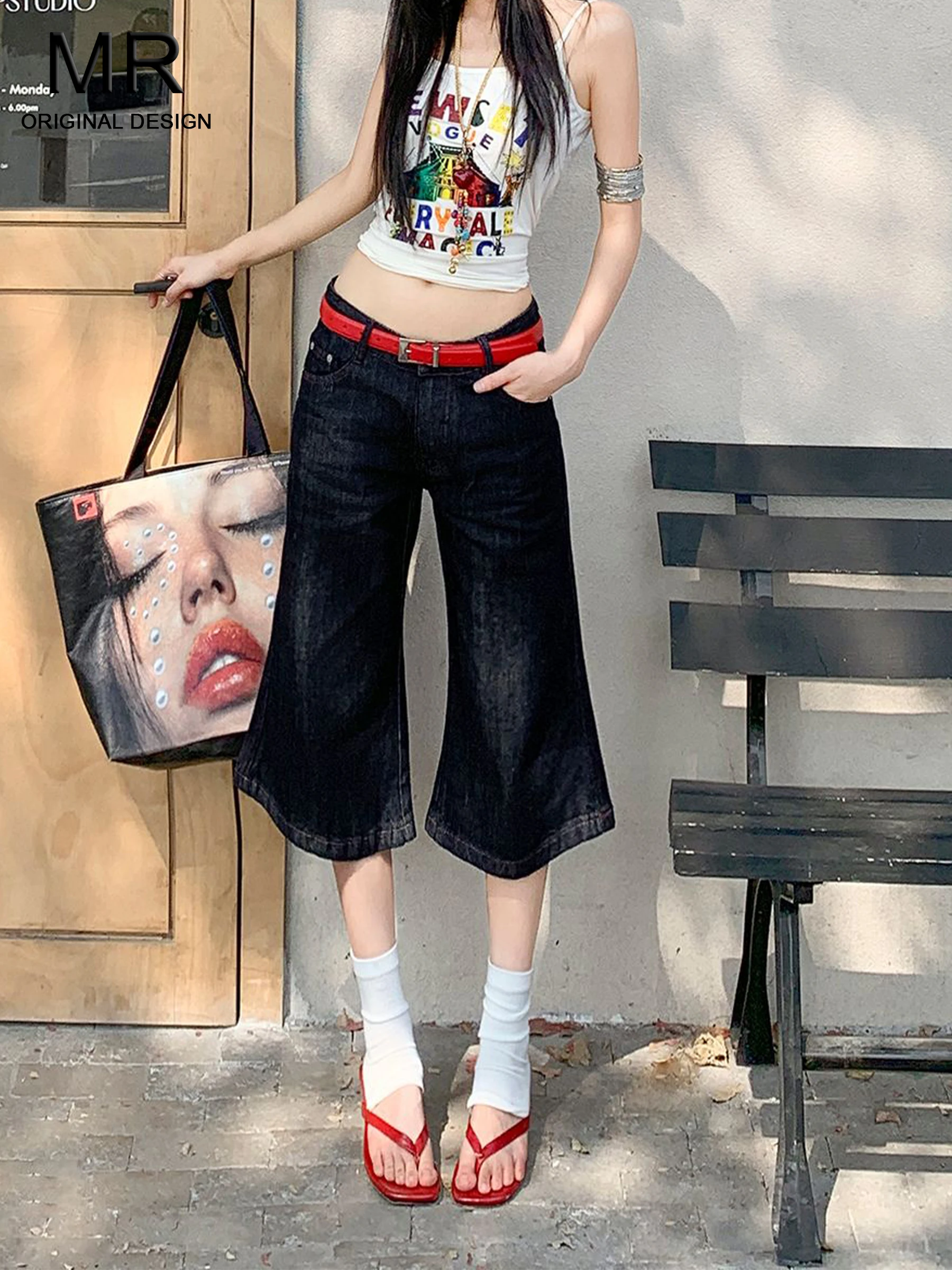 

American Style Bell Bottom Jeans Women's Summer Slimming Bootcut Denim Shorts High Waist Pocket Detail Casual Low Rise
